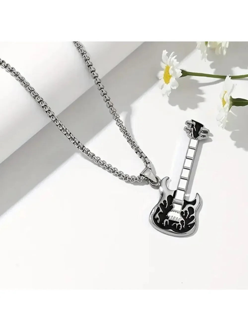 Emerald Green Flaming Guitar with White Neck Rocker Necklace and Pendant 1559